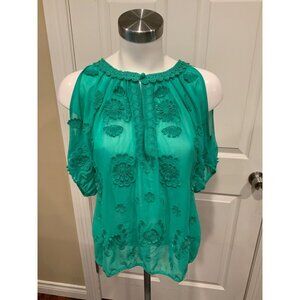 LeifNotes Green Sheer Cold Shoulder Blouse, W/Floral Embroidered Detail, Size 6